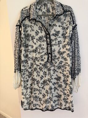 Anthropologie Sheer Black & White Floral Button-Up Shirt